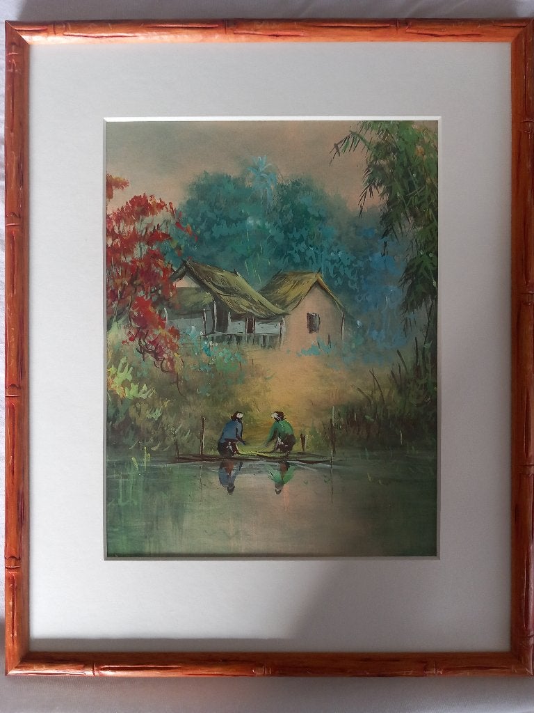 Indische aquarel jungle landschap met vuurboom bamboe lijst, Indonesië, Ophalen of Verzenden, Wanddecoratie, Ingelijst