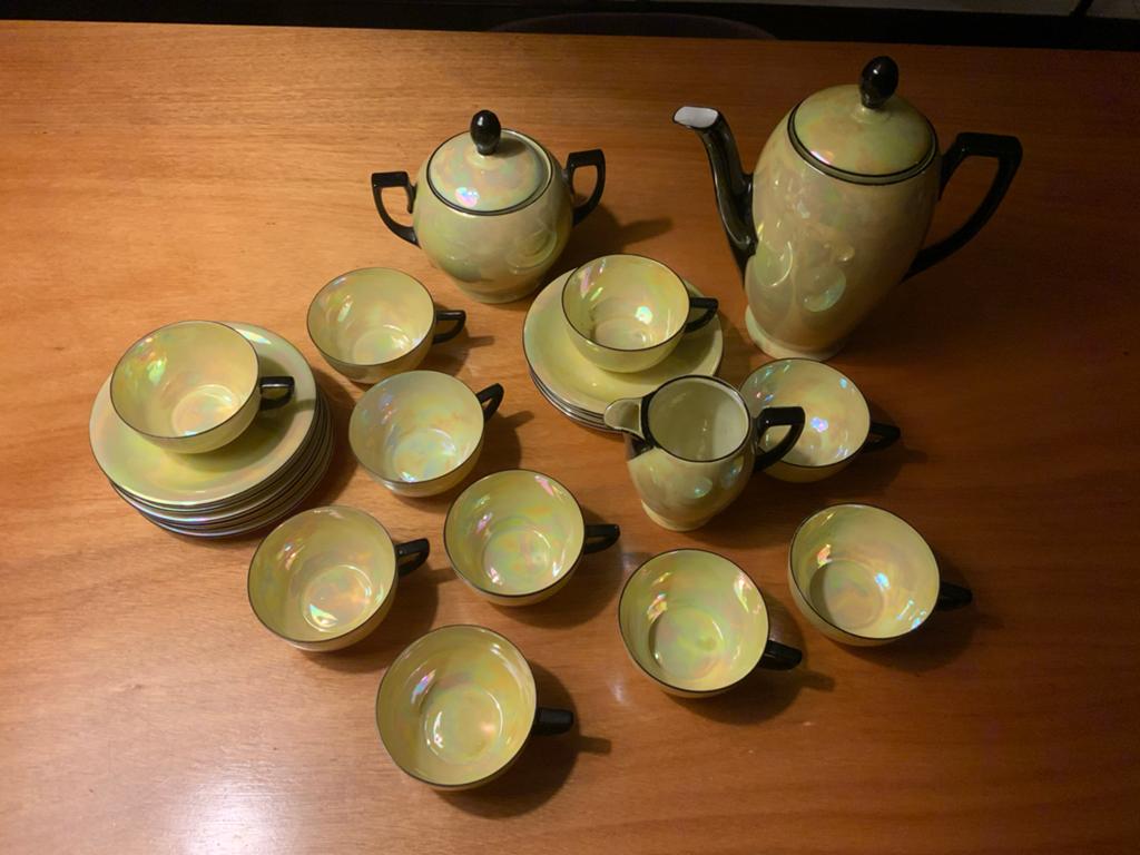 Vintage Parelmoer Servies Geel Zwart - 16 Delig, Ophalen of Verzenden