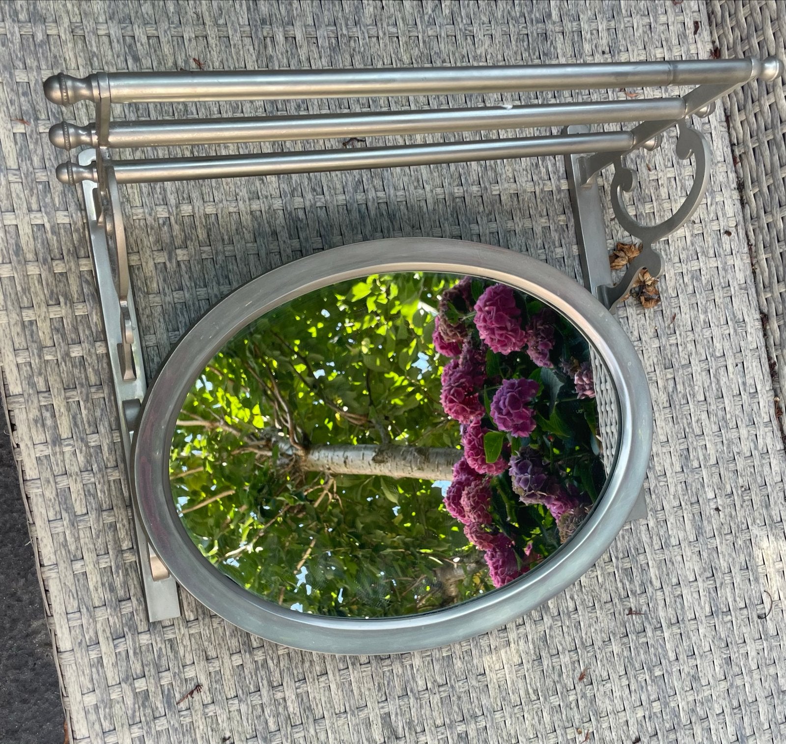 Leuke vintage spiegel met handdoekrek - Oud zilver, Ophalen, Ovaal, Minder dan 50 cm, Minder dan 100 cm