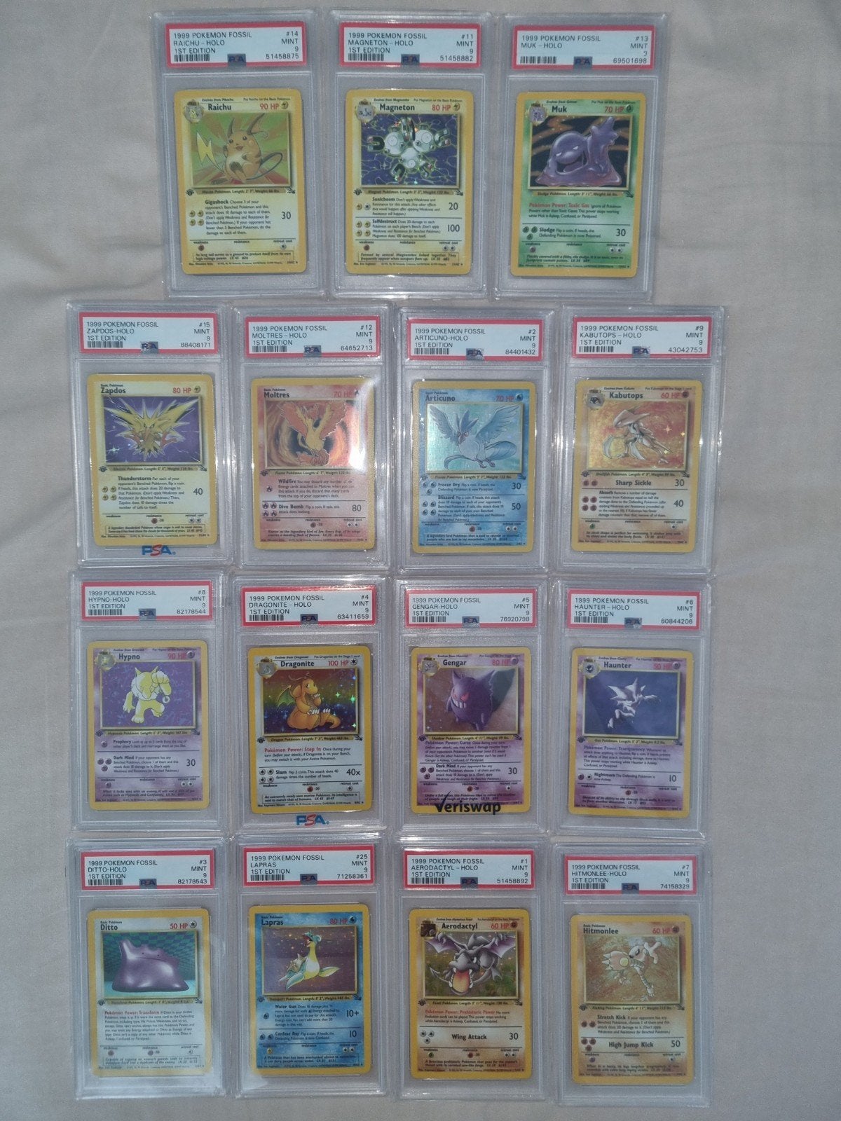 Complete 1st edition fossil holo set in PSA 9, Ophalen of Verzenden, Meerdere kaarten