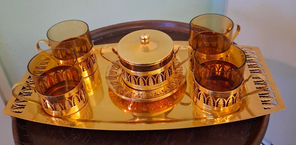 Goud Verguld thee servies met Dienblad - Vintage uit Polen, Antiek en Kunst, Ophalen of Verzenden