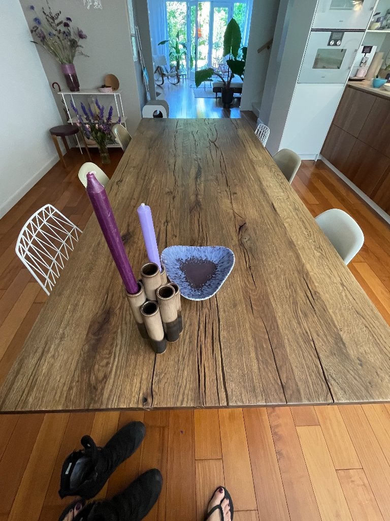 Mooie grote eikenhouten eettafel met wit stalen onderstel, Ophalen, Gebruikt, 100 tot 150 cm, 200 cm of meer