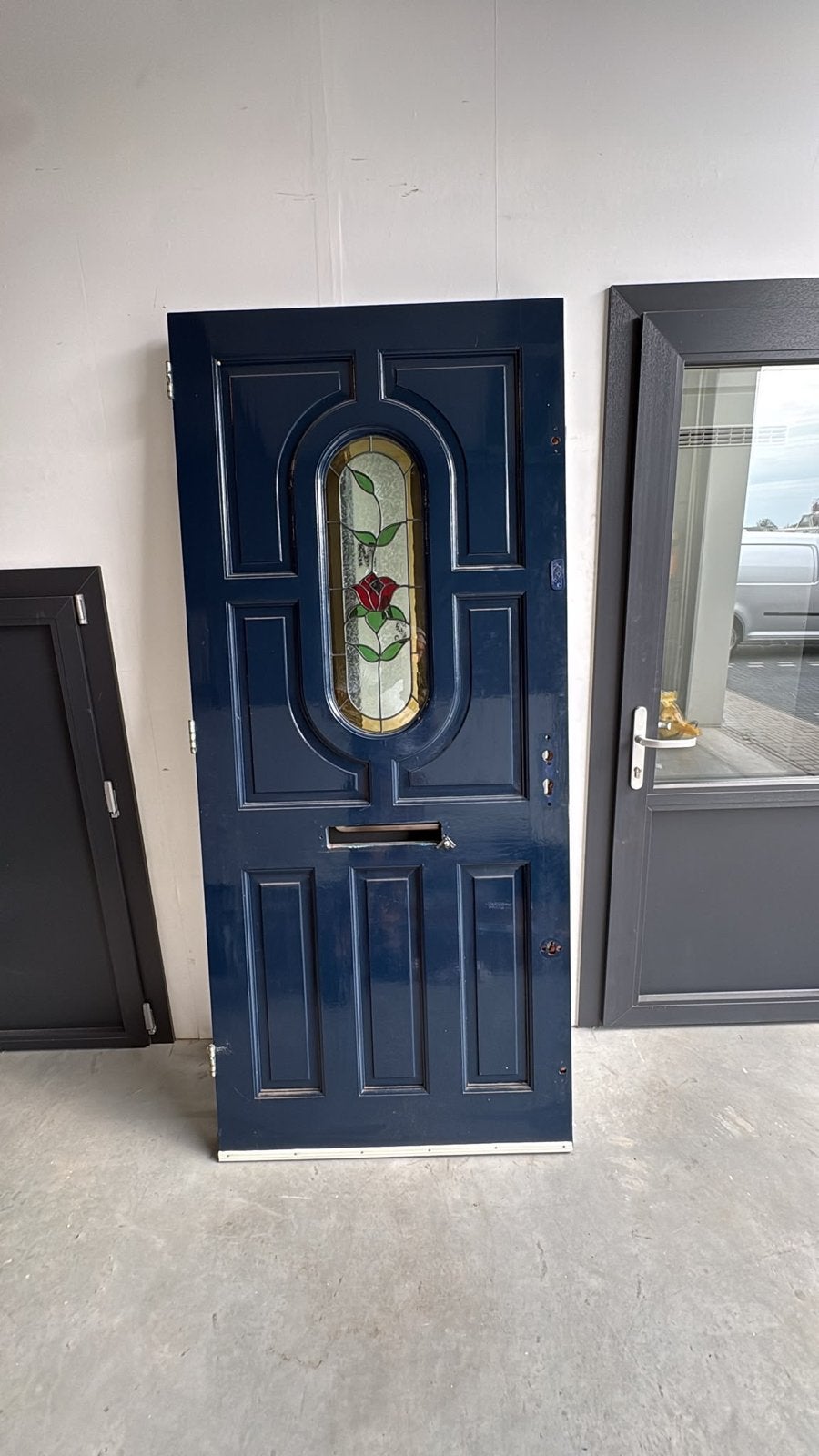 Houten deur met glas in lood (92,5x211,5 cm), Ophalen, Gebruikt, 80 tot 100 cm, Binnendeur