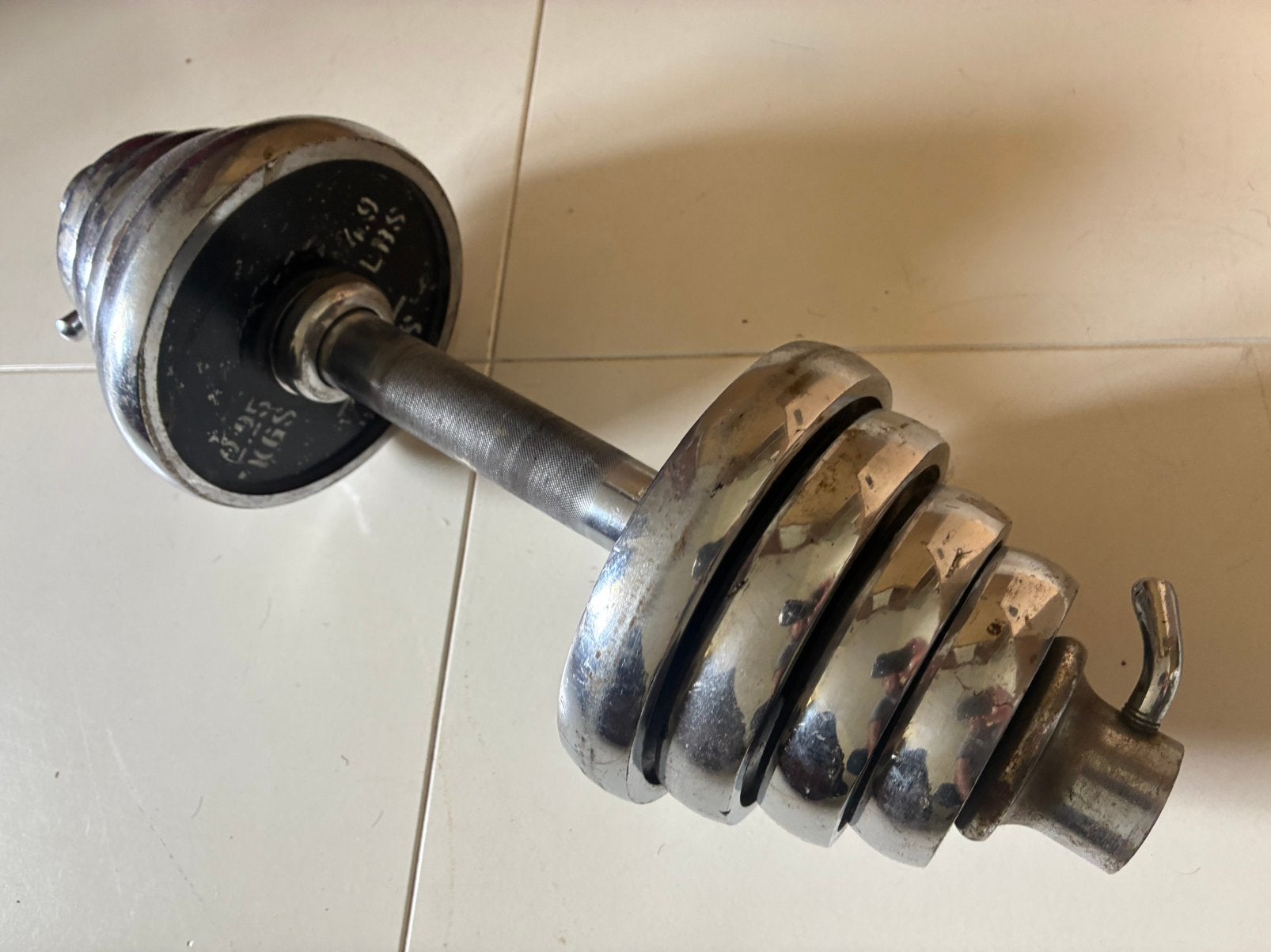 Verstelbare dumbell chroom losse schijfjes totaal 15kg, Ophalen, Gebruikt, Rug, Dumbbell