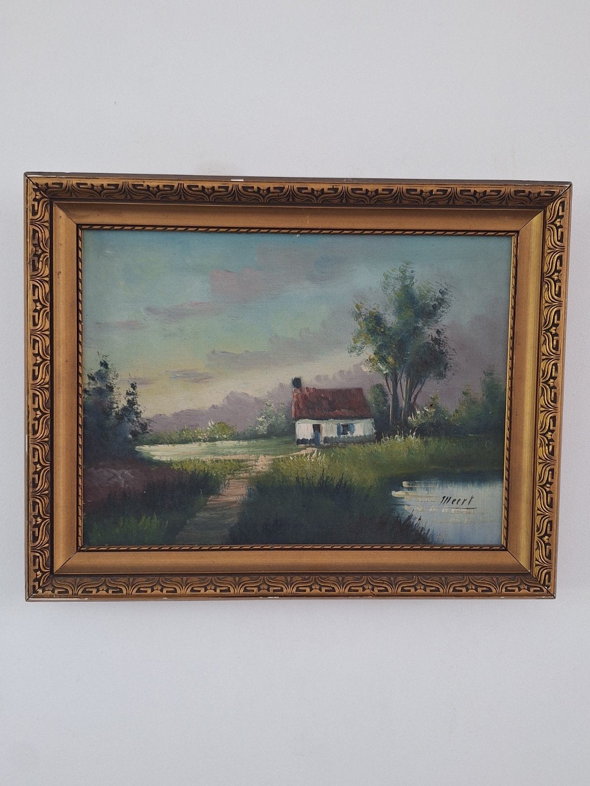 Schilderij 'Meert' - Landschap met huisje en water, Antiek en Kunst, Ophalen of Verzenden