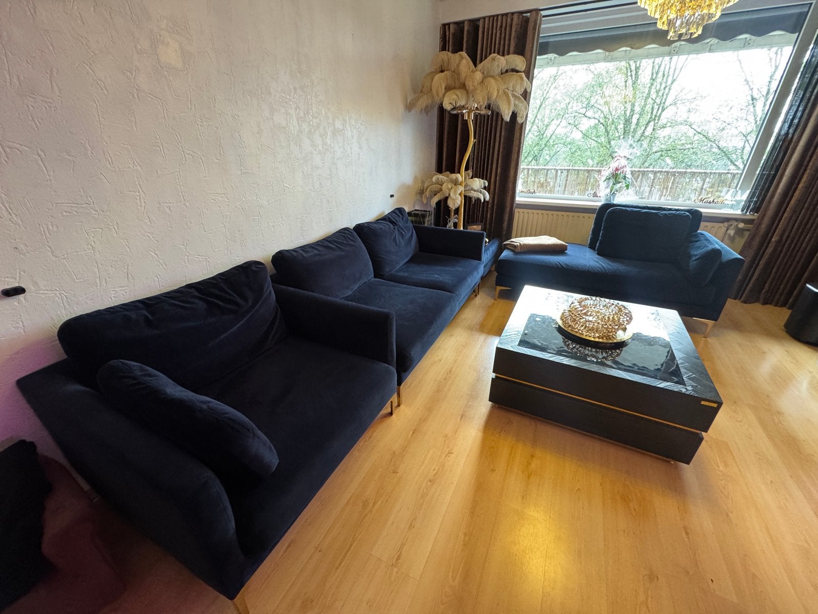Luxe donkerblauwe fluwelen bankstel met chaise longue, Ophalen, 300 cm of meer, 75 tot 100 cm, Zo goed als nieuw