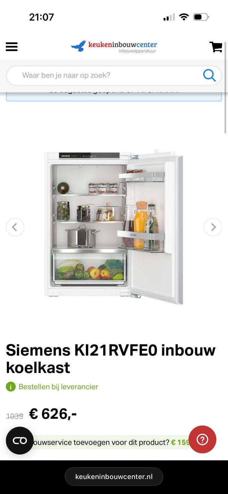 Siemens KI21RVFE0 inbouwkoelkast, 85 tot 120 cm, Zonder vriesvak, 100 tot 150 liter, Ophalen of Verzenden