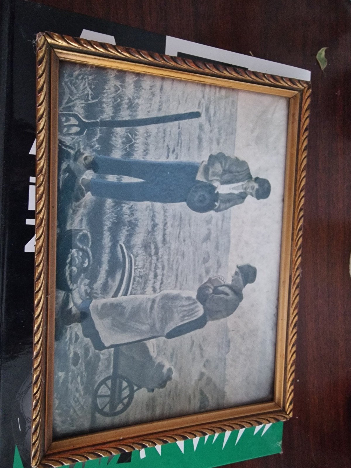 Vintage print van boerenpaar in gouden lijst, Antiek en Kunst, Ophalen of Verzenden