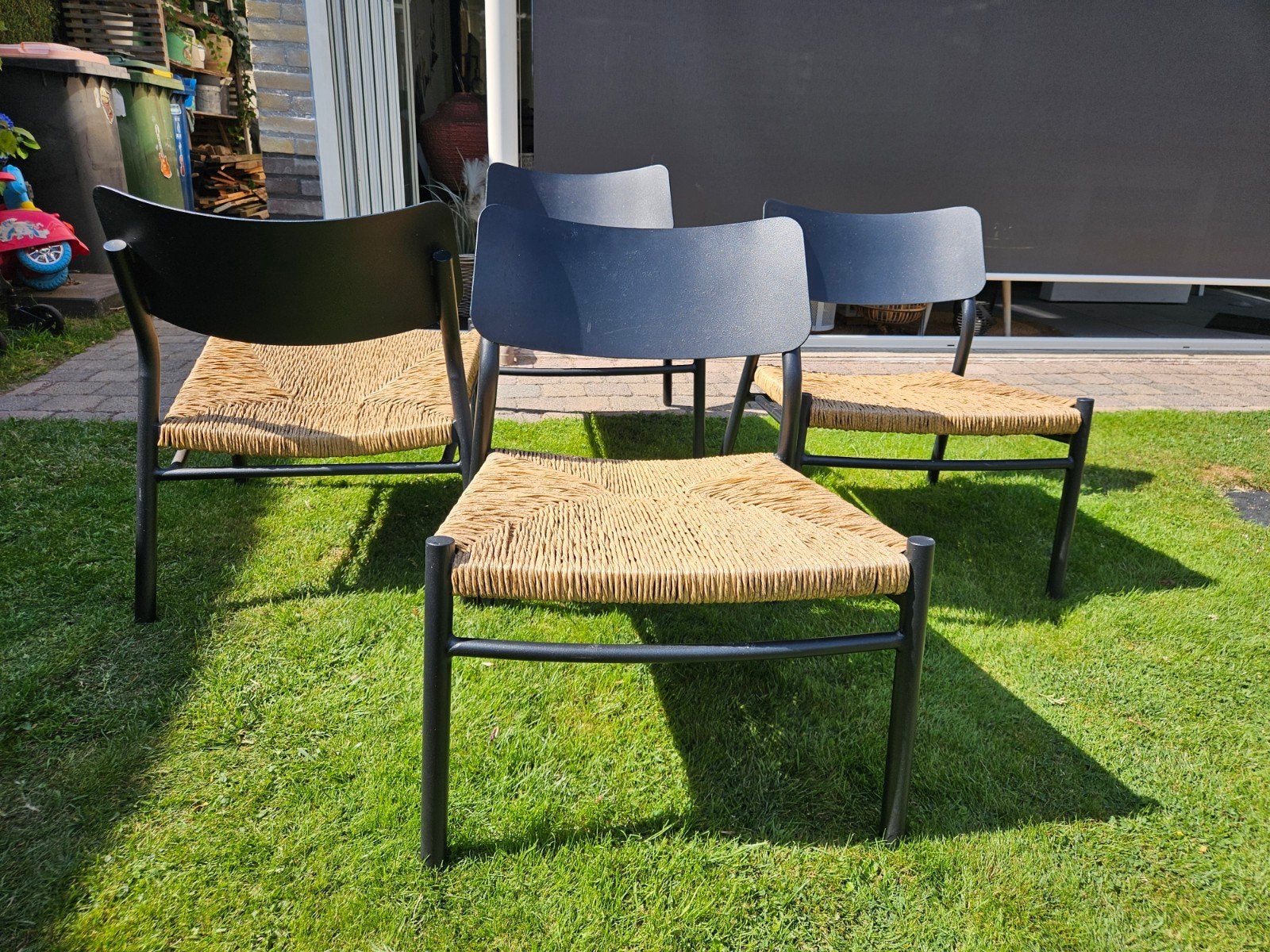 4 tuinstoelen met kunstof rieten zitting, Ophalen of Verzenden, Gebruikt, Metaal, Stapelbaar