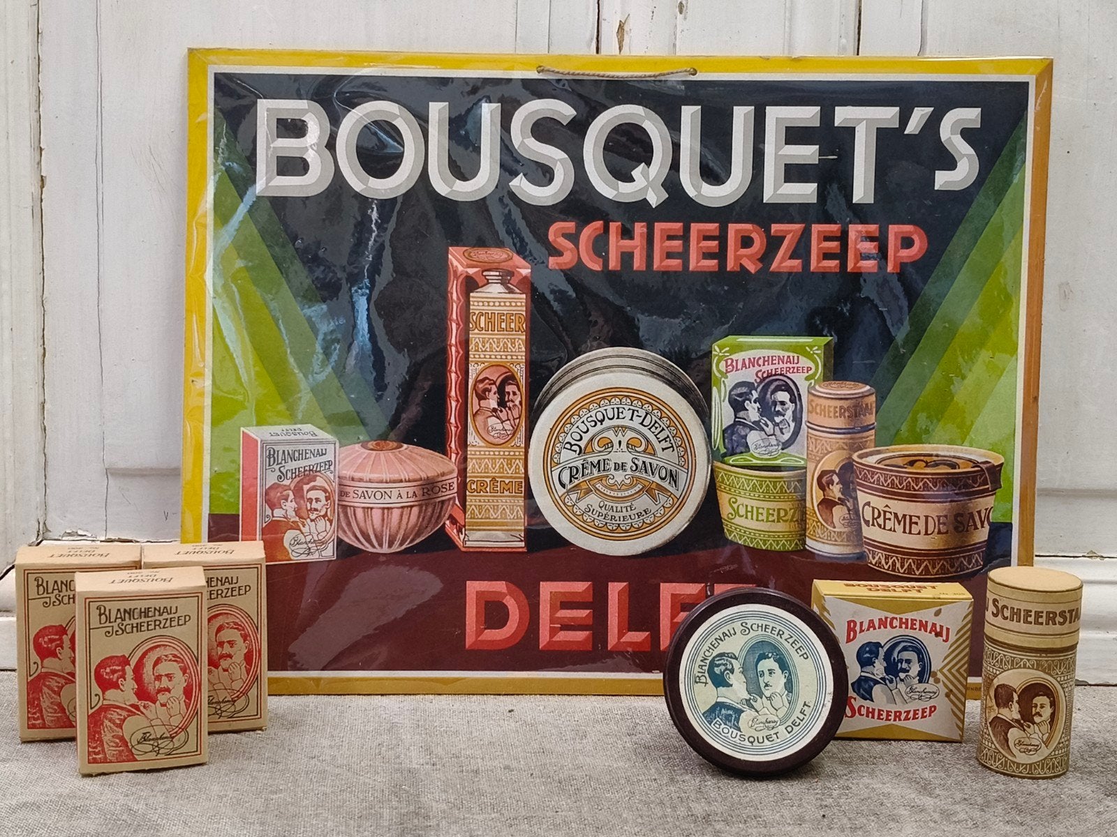 oude Bousquet Delft reclameplaat plus toebehoren, Ophalen of Verzenden, Gebruikt, Verpakking