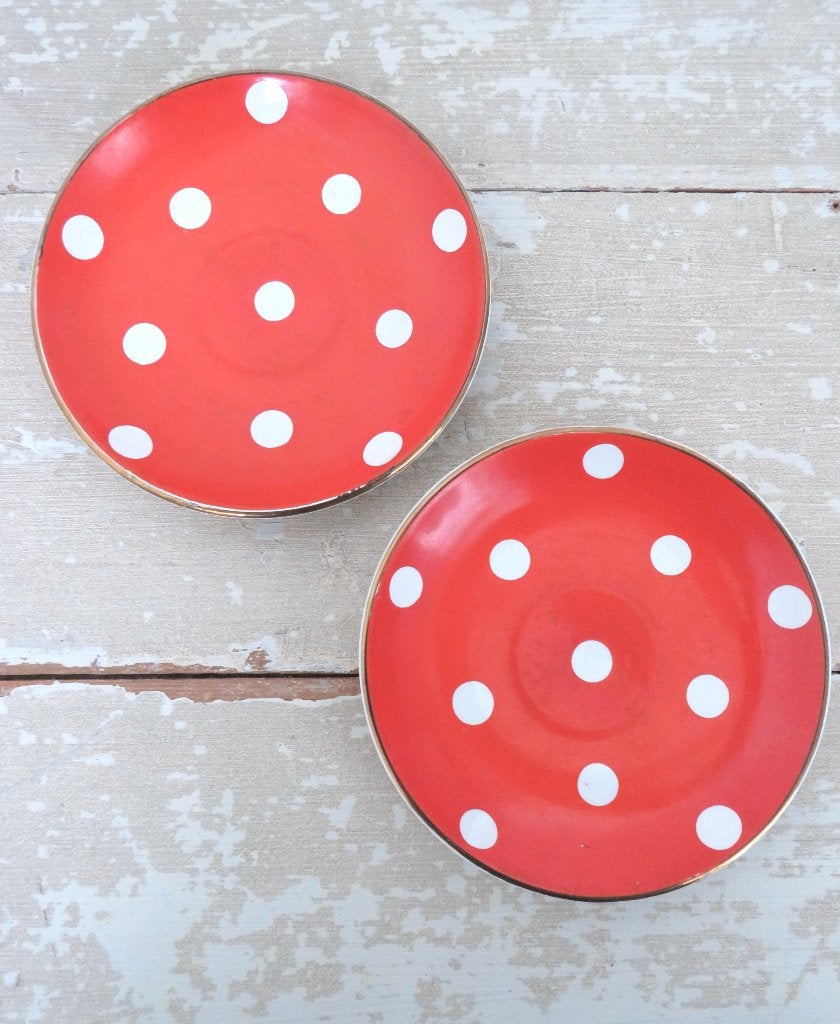 2 Onderbordjes Sarreguemines & Digoin “Polkadots rood/wit”, Antiek en Kunst, Ophalen of Verzenden
