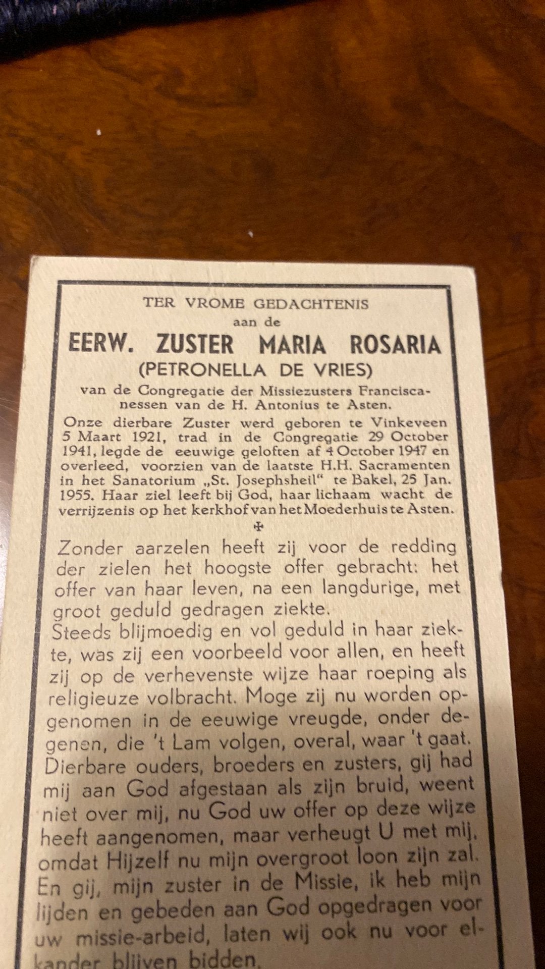 Zr P de Vries 1921 Vinkeveen 1955 Bakel sanatorium, Ophalen of Verzenden