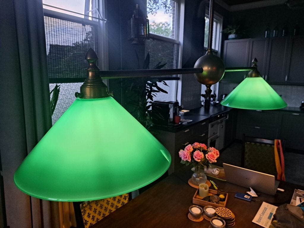Plafond- biljarttafel lamp groen vintage, Ophalen of Verzenden, Zo goed als nieuw, Glas