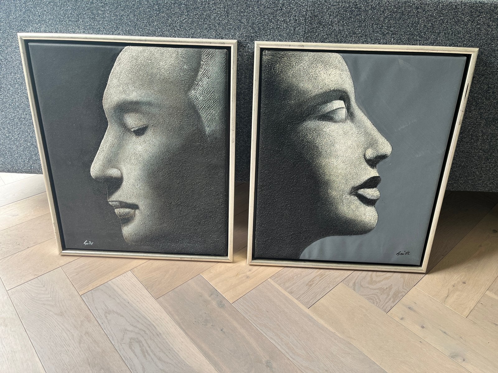 Schilderij 2 luik met gezichten 55x65 cm modern, Ophalen, Zo goed als nieuw