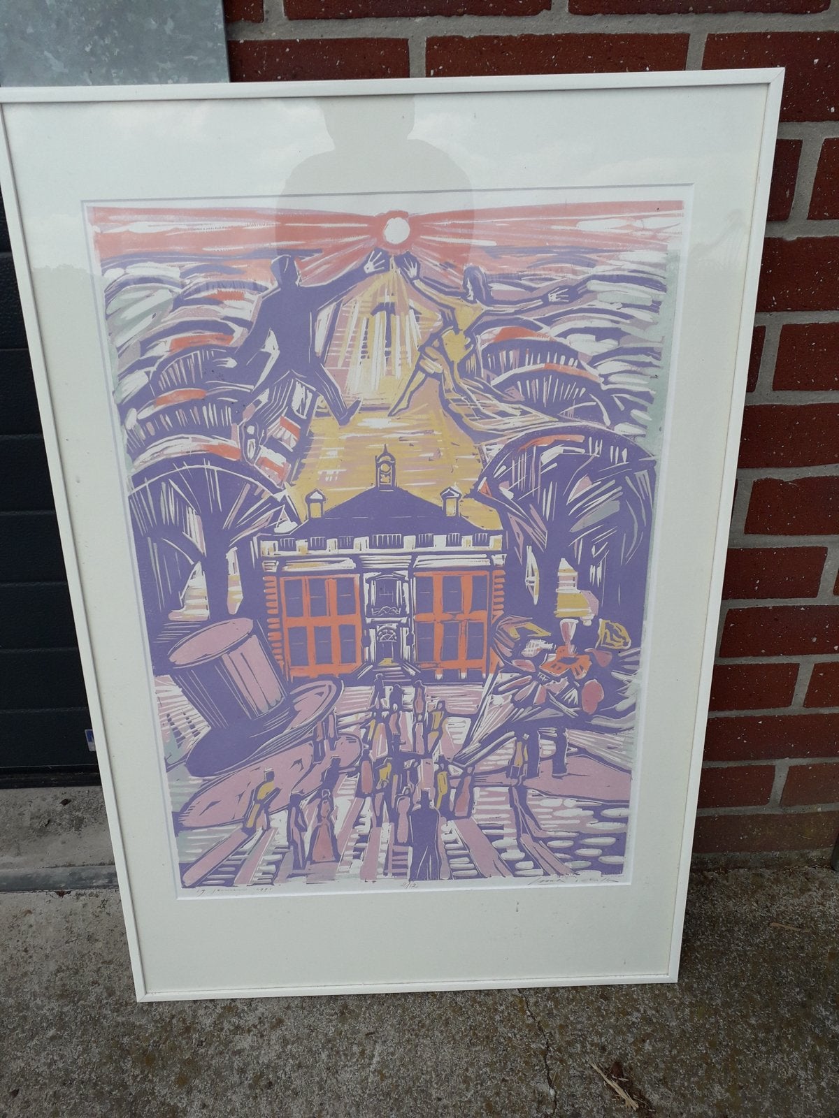 Uniek Schilderij: Levendig Stadsgezicht, 62x94 cm, Ophalen, Papier/karton, Ingelijst, Linosnede