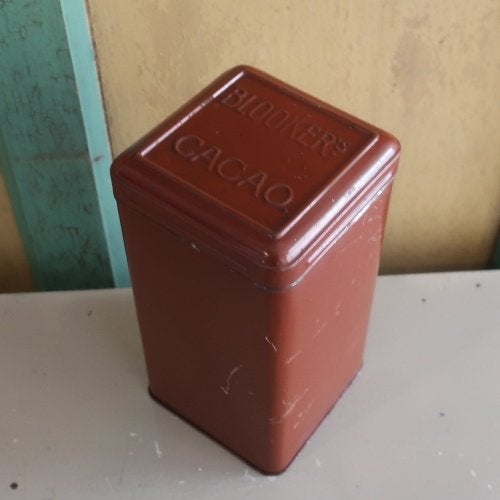 Blik Blooker's Cacao metaal origineel rood 10 x 10 x 19,5 cm, Ophalen of Verzenden