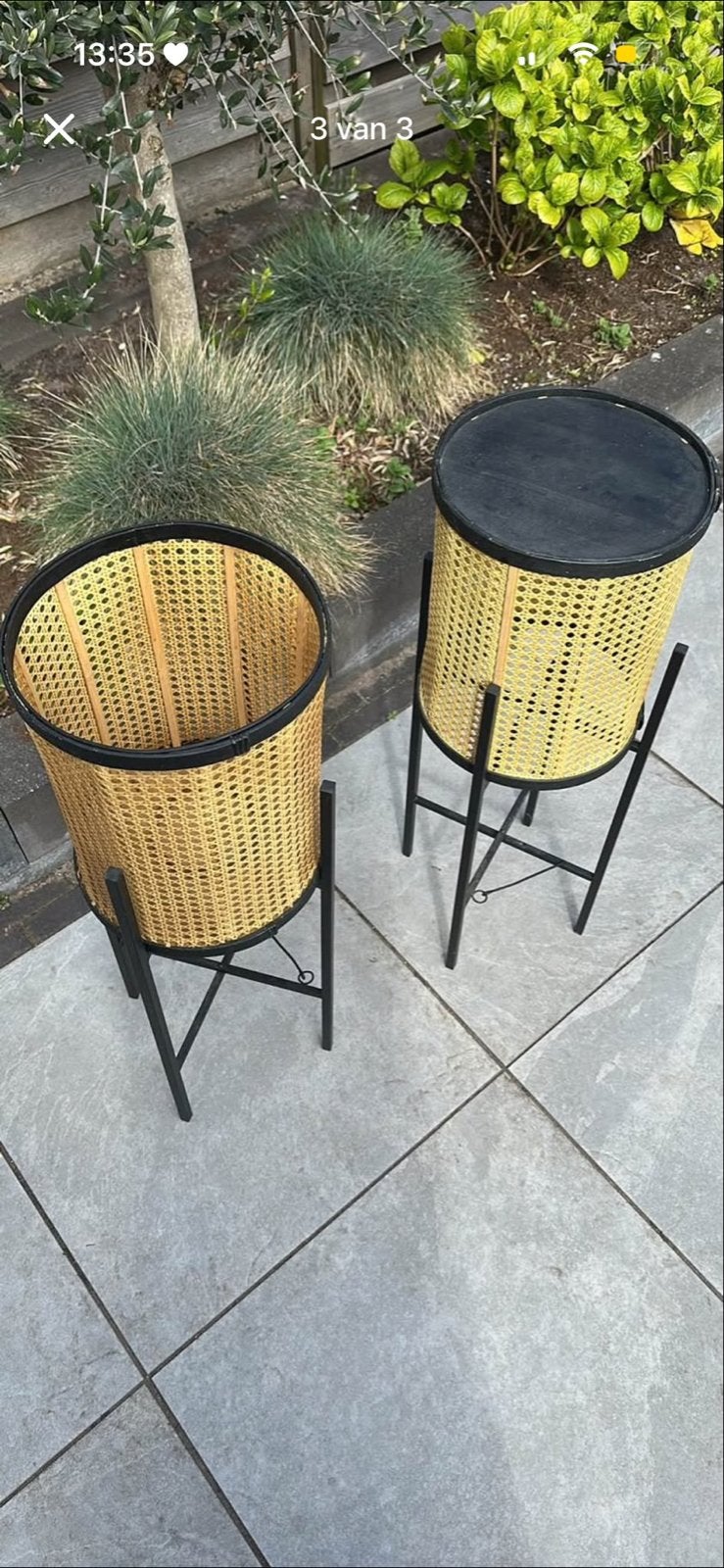Set van 2 rotan plantenstandaards - Zwart & Geel, Gebruikt, Minder dan 60 cm, Rond, Ophalen of Verzenden