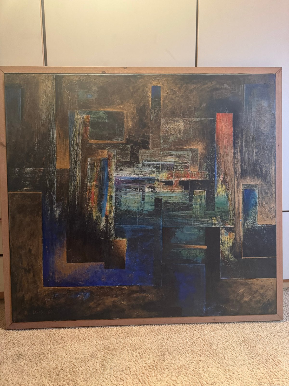 Abstract Schilderij Louis 1966 - Groot Formaat, Antiek en Kunst, Ophalen, Abstract, Textiel, Gesigneerd
