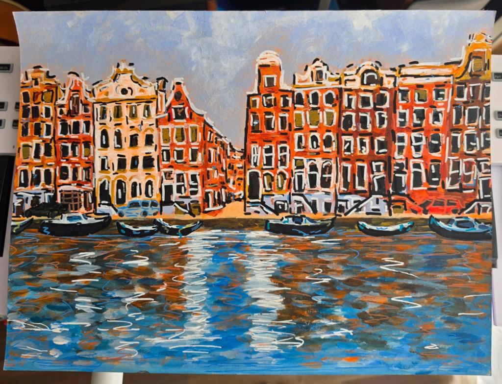 Schilderij Amsterdamse grachtenpandjes, Ophalen of Verzenden