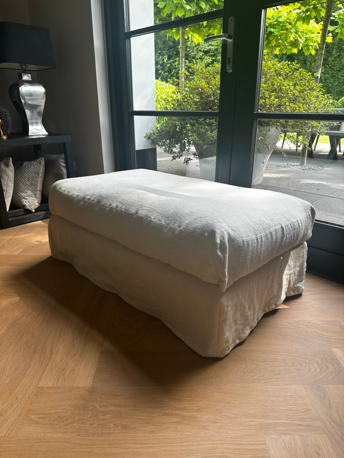 Crème wit linnen voetenbankje/poef, Huis en Inrichting, Ophalen, 75 tot 100 cm, Stof, Rechthoekig