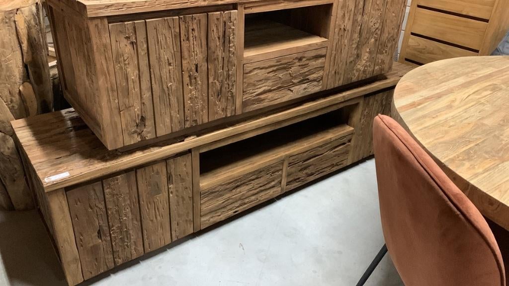 Audiomeubel extra grof teak, gerecycled, tv-meubel, uniek, 150 tot 200 cm, Teakhout, Nieuw, Ophalen of Verzenden