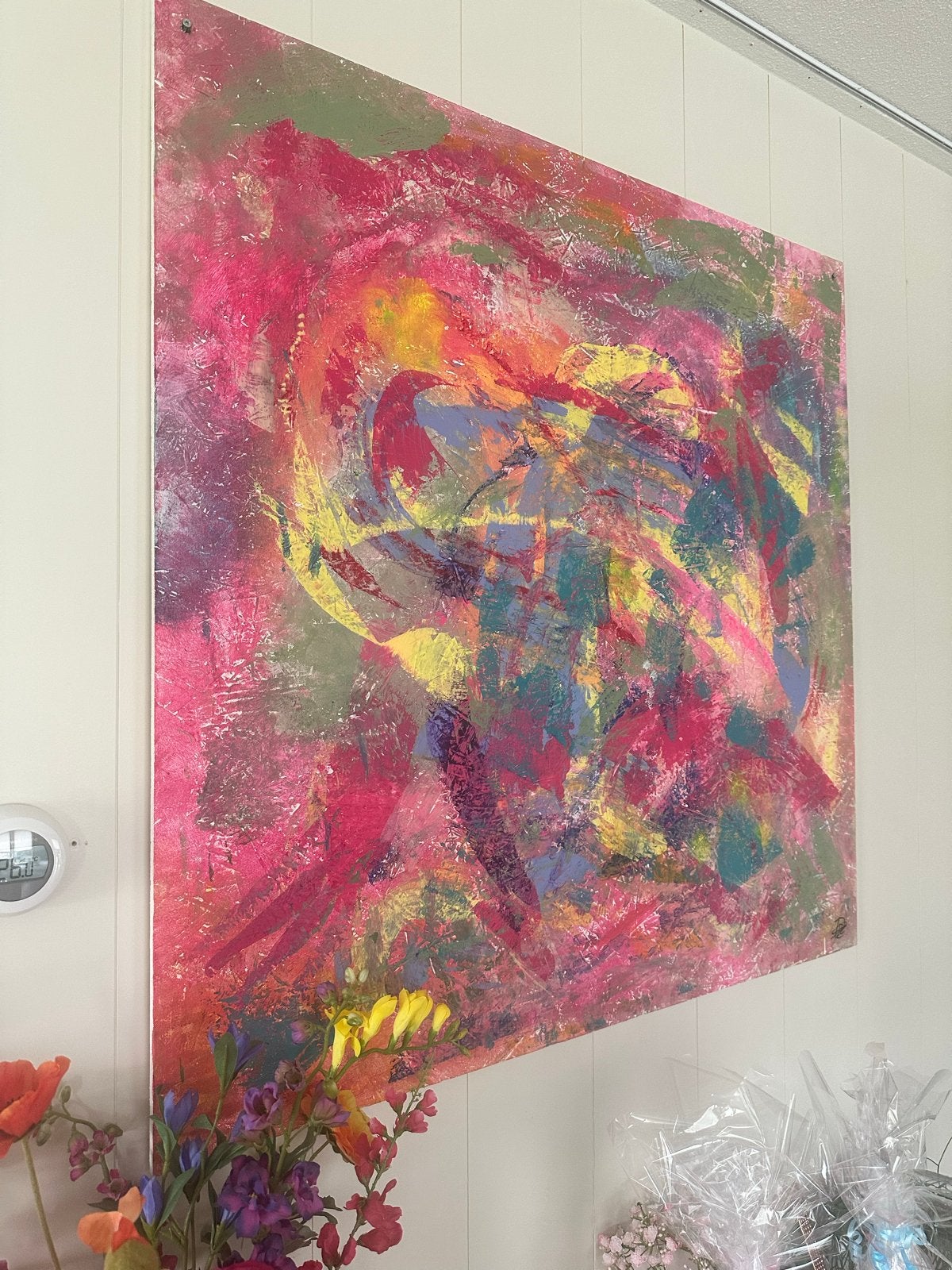 Groot abstract schilderij op osb  - 1m x 1m, Antiek en Kunst, Ophalen of Verzenden