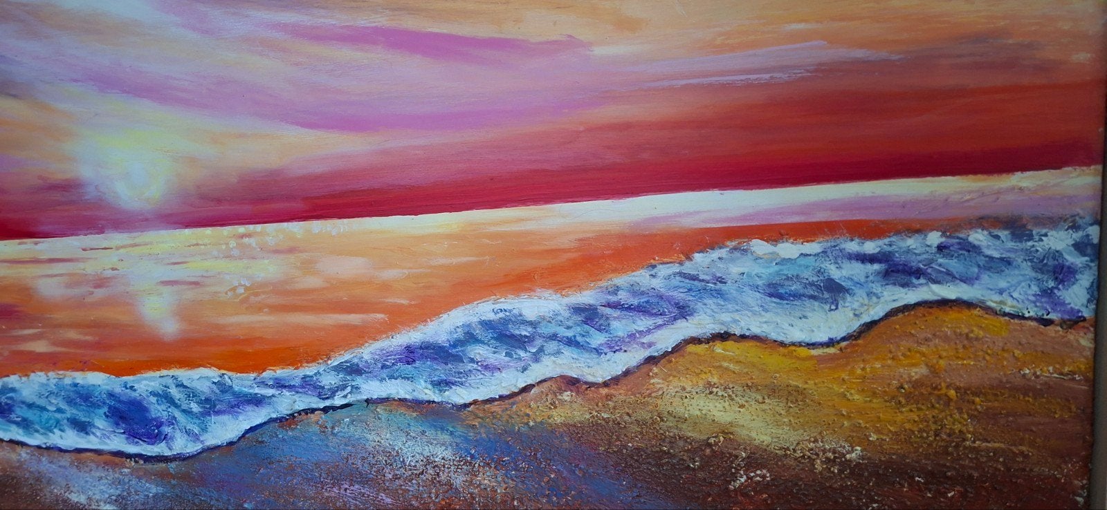 Schilderij zonsondergang aan zee, Acrylverf, Hout, Ophalen of Verzenden, Landschap