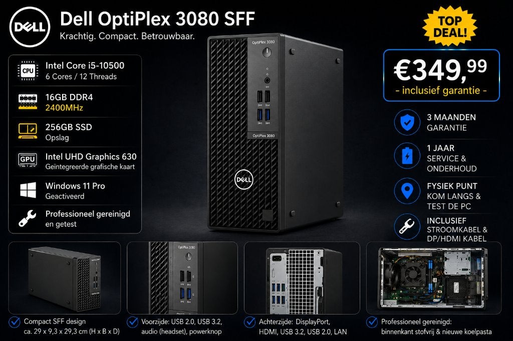 Dell OptiPlex 3080 | i5-10500 | 16GB | 256GB SSD |Office 24✅, 256 GB, Refurbished, Ophalen of Verzenden, Dell