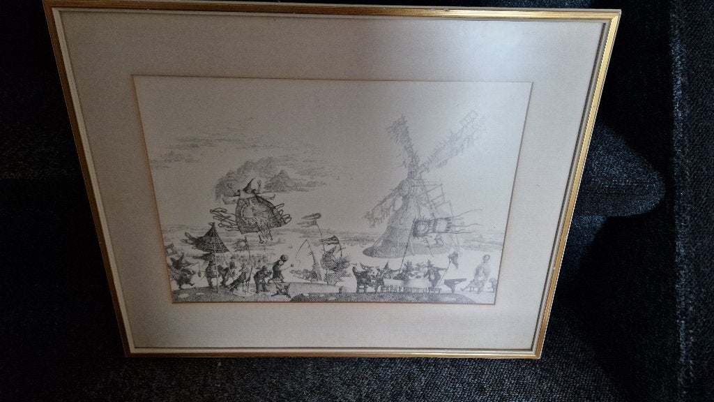 oude tekening ets molen in mist, Ophalen of Verzenden