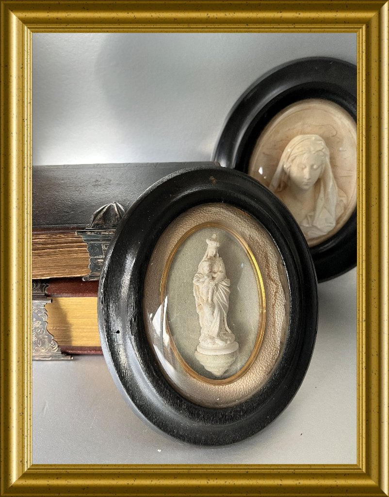 Antiek houten ovaal zwart lijstje: meerschuim, Maria, Antiek en Kunst, Ophalen of Verzenden