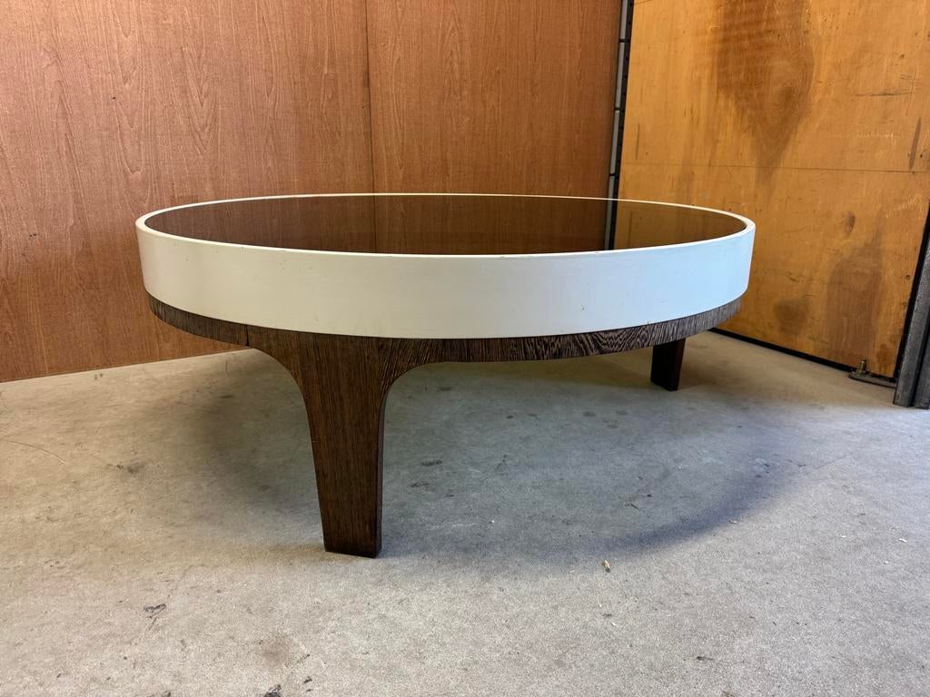 Vintage midcentury stijl ronde salontafel met glazen blad, Gebruikt, Vintage, Rond, Glas