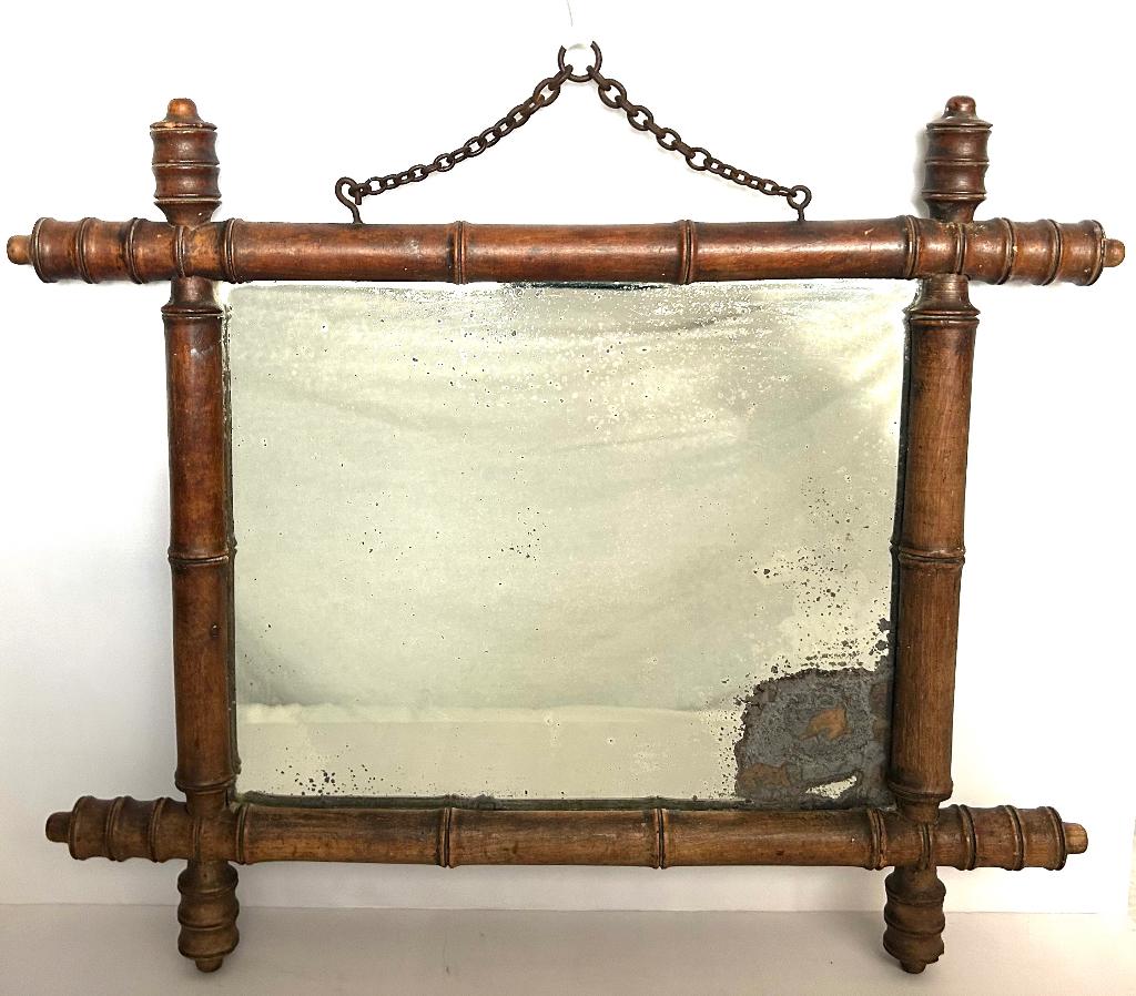 Antieke Houten Faux Bamboe Bambou Spiegel 50x42cm, Ophalen of Verzenden, Rechthoekig, Minder dan 50 cm