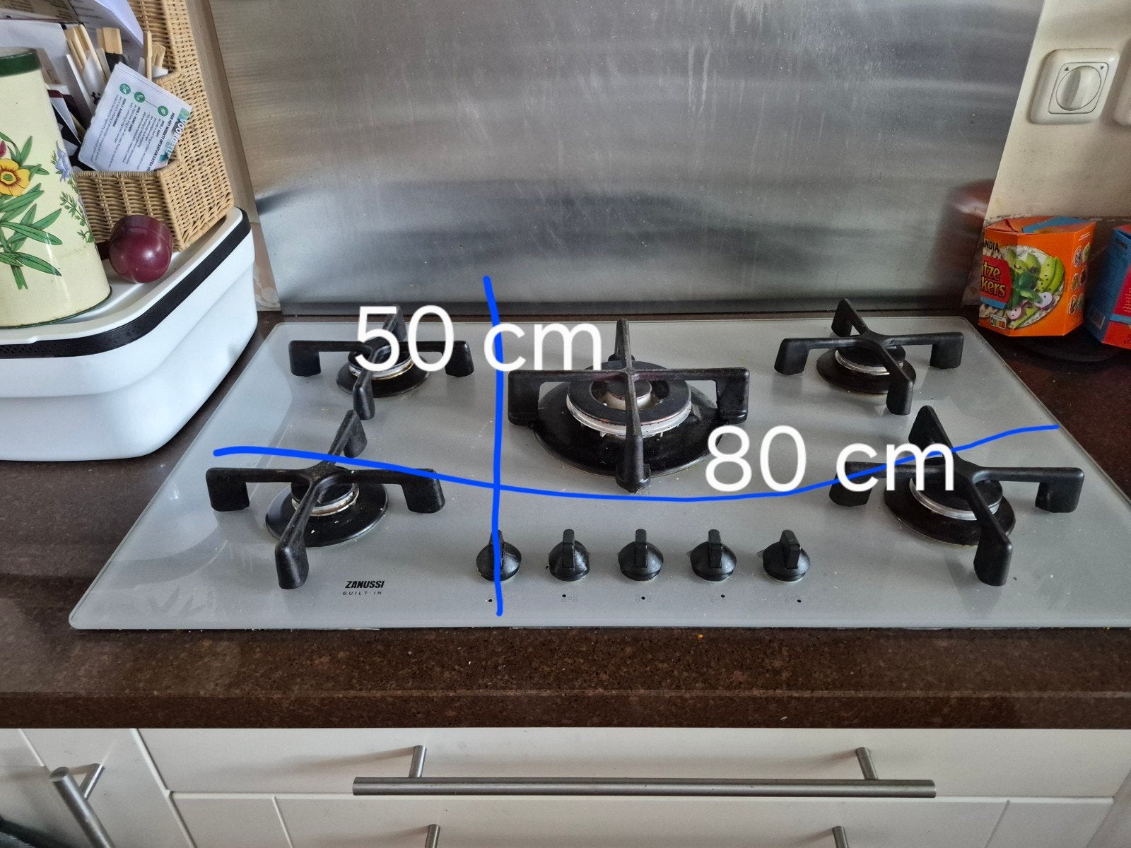 Zanussi gas op glaskookplaat met 5 pitten en etna afzuigkap, Ophalen, Gebruikt, Minder dan 85 cm, 60 cm of meer