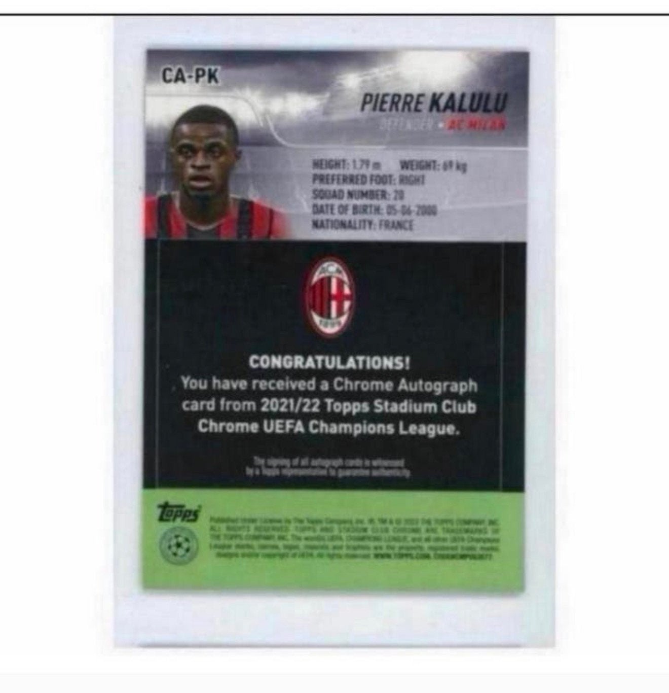 20-21 Topps Chrome UEFA Pierre Kalulu ac milan Signed card, Ophalen of Verzenden, Zo goed als nieuw, Foto of Kaart, H
