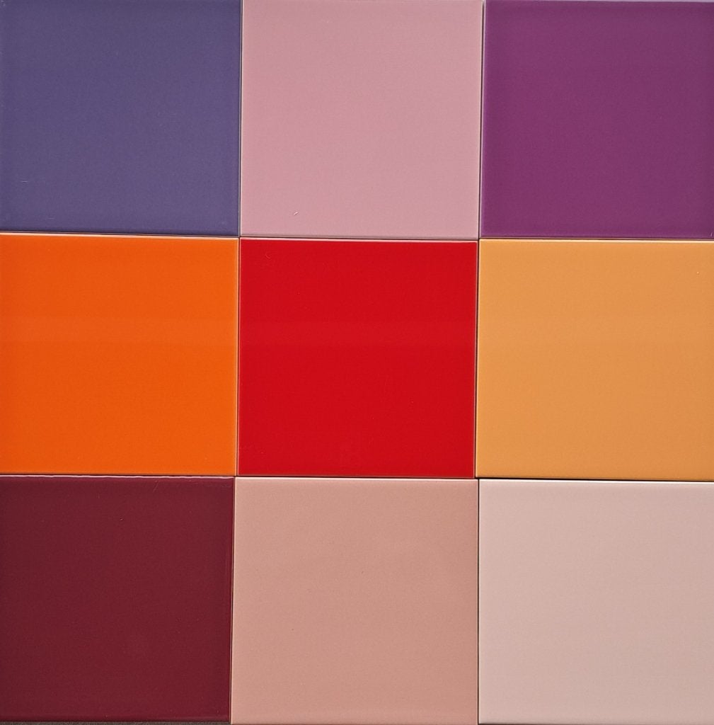 wandtegels 15x15, oranje-rood-paars-geel, €1,50,bv v mozaïek, Nieuw, Ophalen of Verzenden, Steen of Keramiek, Knutselmateriaal
