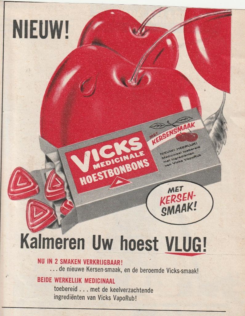 retro reclame 1957 Vicks hoestbonbons kersensmaak, Verzenden, Overige typen