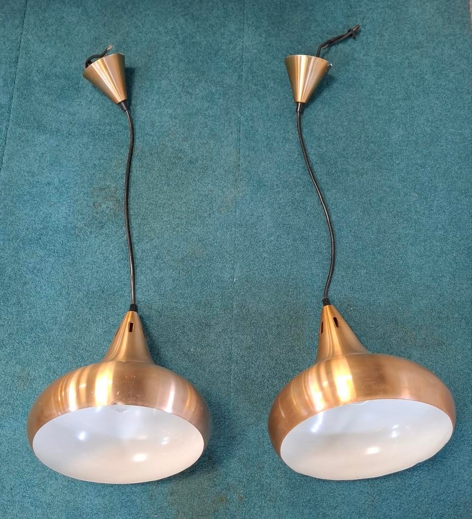 2 Koperen Pool/Biljart Lampen - 26cm Diameter, Gebruikt, Vintage, Industrieel, Retro, Ophalen of Verzenden, Metaal