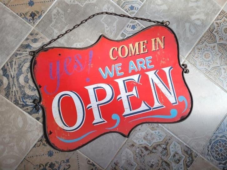 Reclamebord 'We are open', Verzamelen, Ophalen of Verzenden, Reclamebord