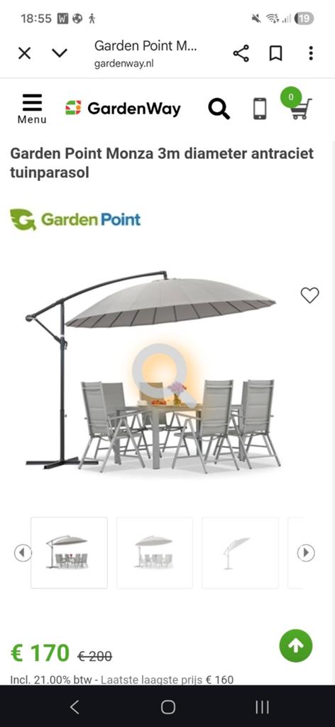 Garden Point Monza 3m diameter antraciet Tuin Parasol, Ophalen of Verzenden, Nieuw, Zweefparasol