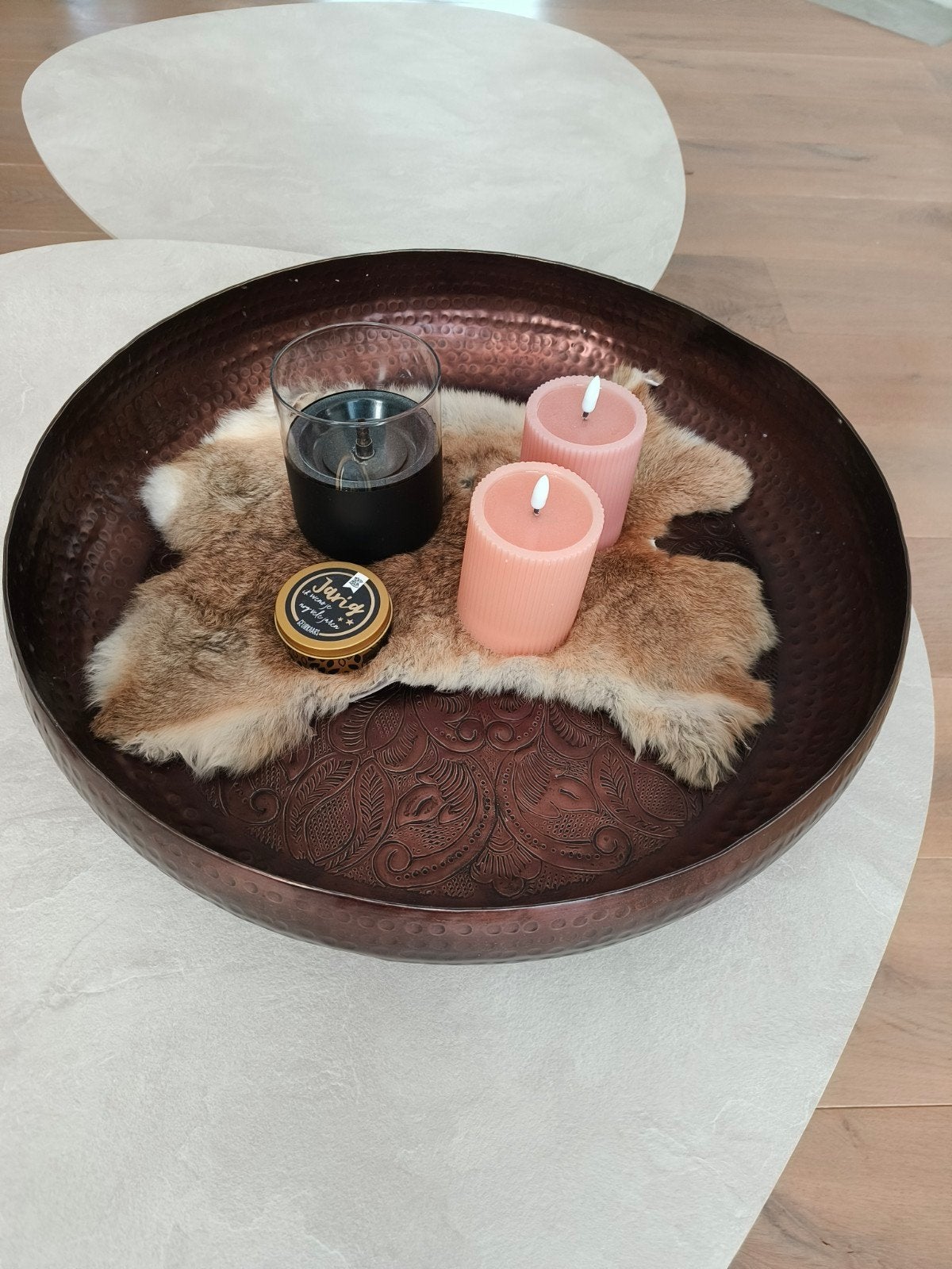 Koperen decoratieve schaal met reliëf - 50 cm, Ophalen, Schaal, Rond, Geribbeld