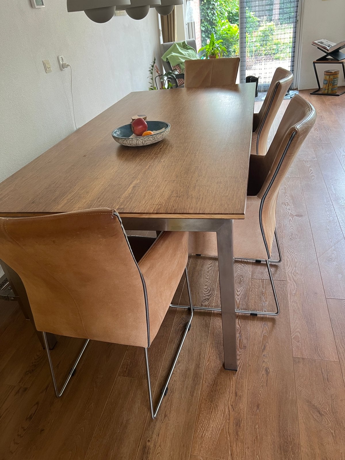 Tk mooie robuuste bamboe tafel met rvs poten 199x99x77/67,5, Ophalen, Overige materialen, 50 tot 100 cm, Zo goed als nieuw