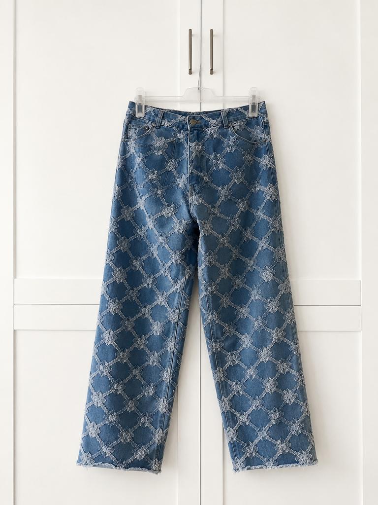 Pescara wide leg jeans met jacquard patroon - Maat 38, Kleding | Dames, Broeken en Pantalons, Maat 38/40 (M), Blauw, Ophalen of Verzenden