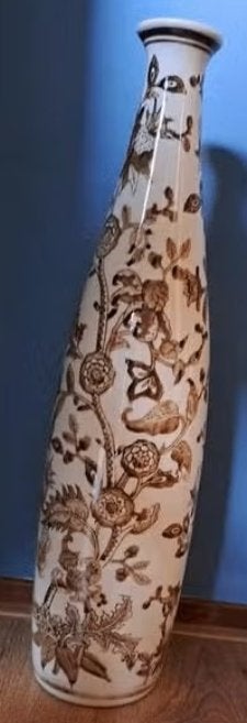 Decoratieve grote, hoge vaas met bruin bloemenpatroon, Antiek en Kunst, Antiek | Vazen, Ophalen of Verzenden