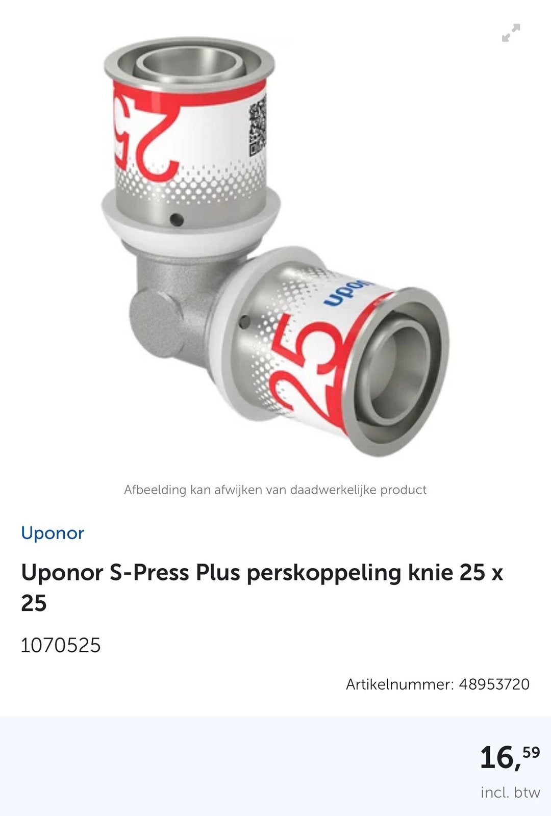Uponor S-Press Plus perskoppeling knie 25 x 25 1070525, Ophalen, Zo goed als nieuw, Overige typen