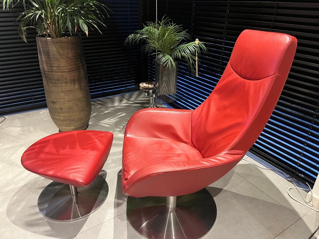 Luxe rode lederen relaxfauteuil met Hocker (draaibaar), Ophalen, Gebruikt, 75 tot 100 cm, 75 tot 100 cm