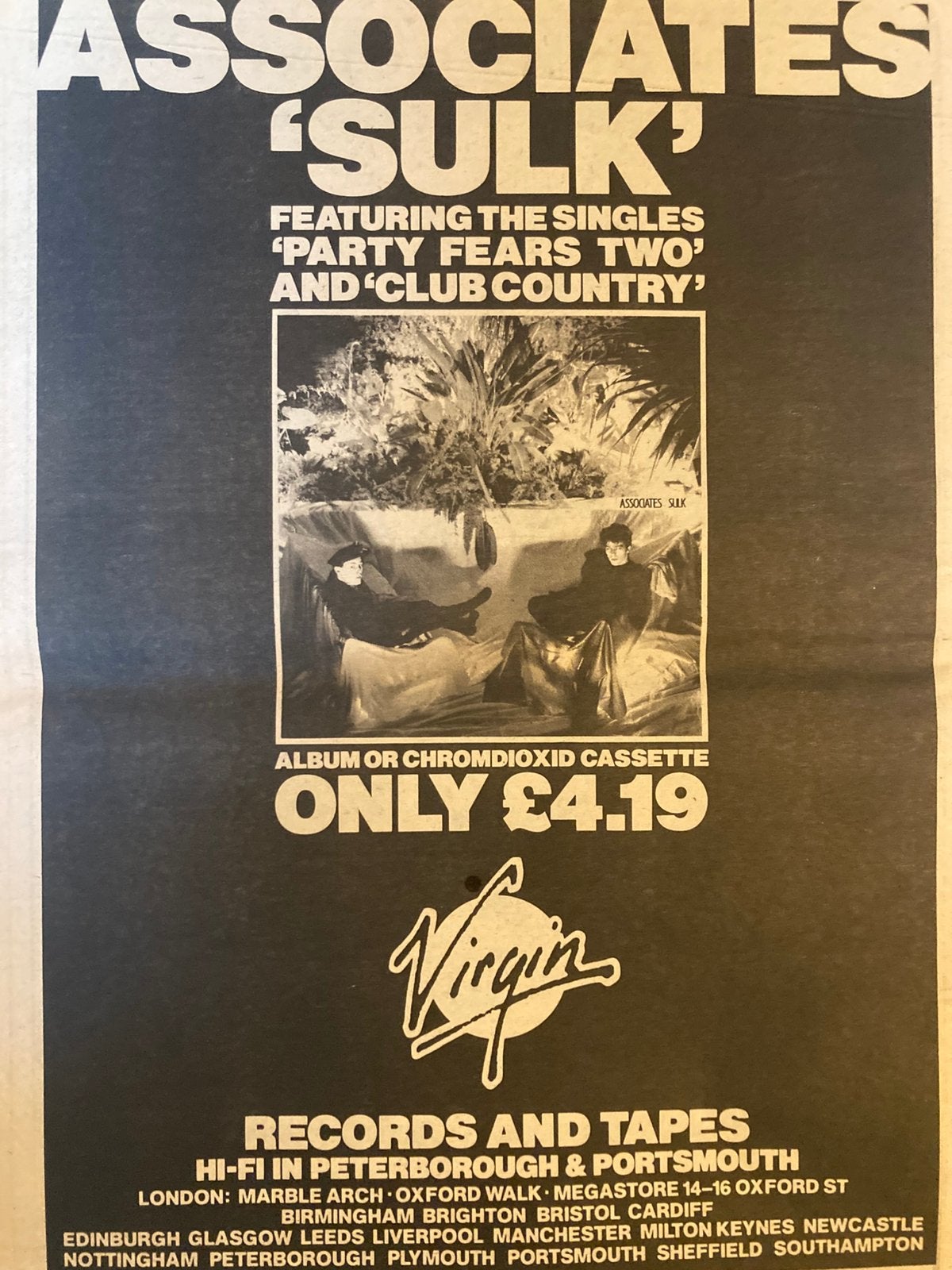 THE ASSOCIATES Sulk A3 advertentie, Ophalen of Verzenden, Zo goed als nieuw, A1 t/m A3