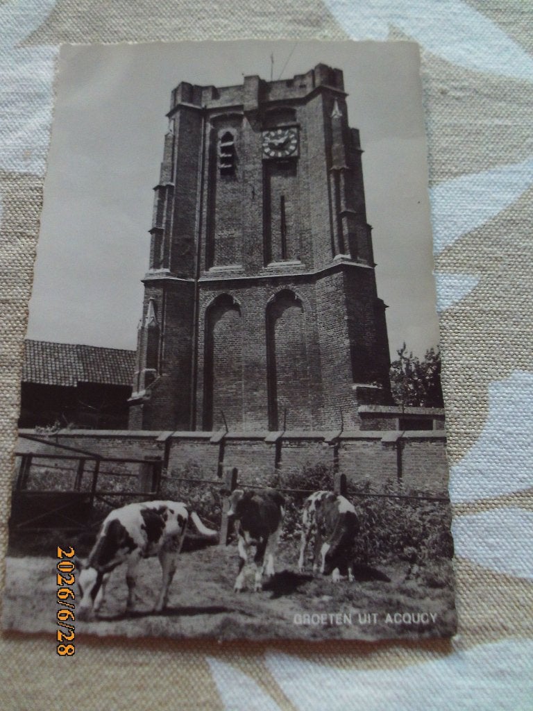 Acqucy Groeten toren klok koeien weide 1968 West Betuwe, Ophalen of Verzenden, 1960 tot 1980, Gelopen, Gelderland