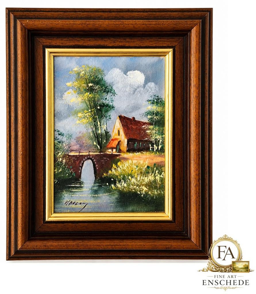 Schilderij: Landschap met huisje en brug, Ophalen of Verzenden