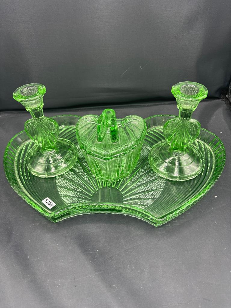 Vintage Groen Glas Toilettafel Set - Art Deco Stijl, Antiek en Kunst, Ophalen of Verzenden
