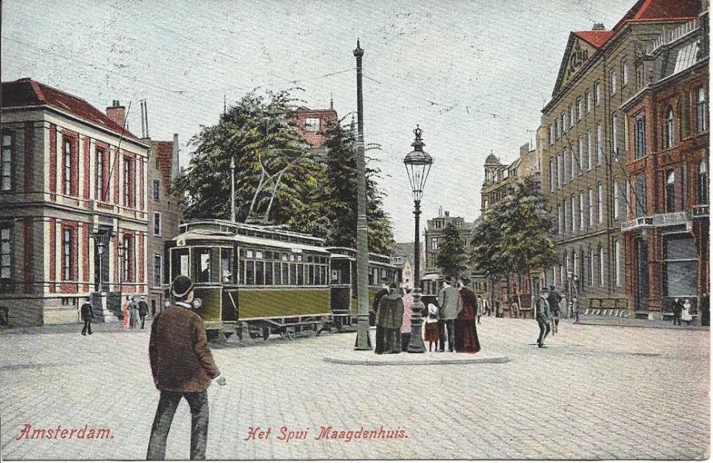 Amsterdam, Het Spui Maagdenhuis, Tram, Volk, gelopen 1906, Ophalen of Verzenden, Voor 1920, Gelopen, Noord-Holland